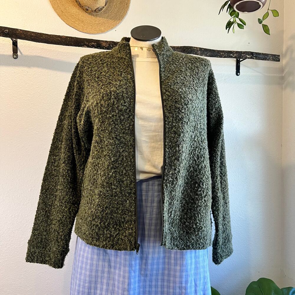 Coldwater Creek Wool Blend Green Fuzzy Zip Up Collared Cardigan Jacket Size 1X